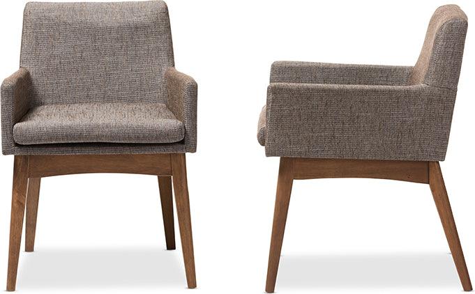 Nexus Mid Century Modern Walnut Wood and Gravel Fabric Arm Chair Set