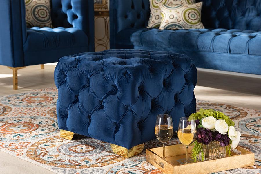 Wholesale Interiors Ottomans & Stools - Avara Royal Blue Velvet Fabric Upholstered Gold Finished Button Tufted Ottoman