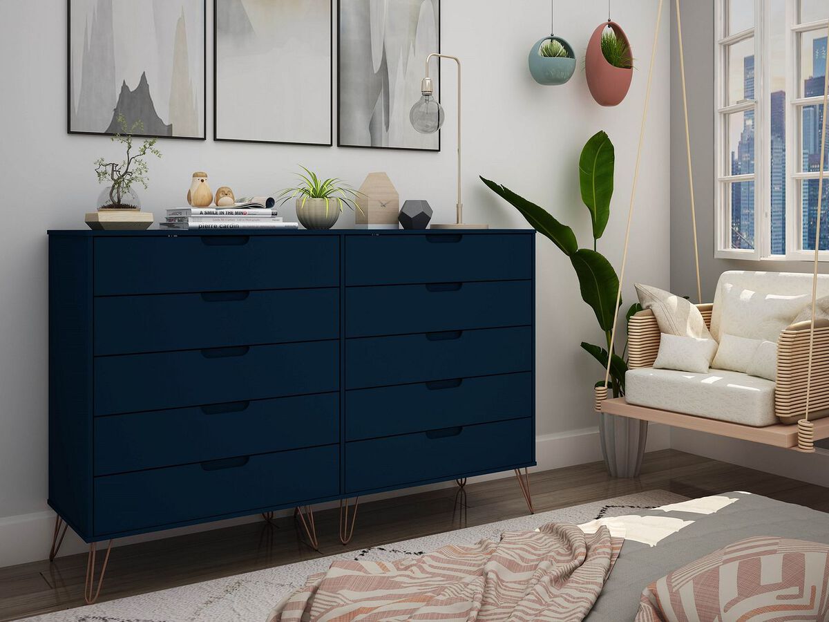 Manhattan Comfort Dressers - Rockefeller 10-Drawer Double Tall Dresser with Metal Legs in Tatiana Midnight Blue