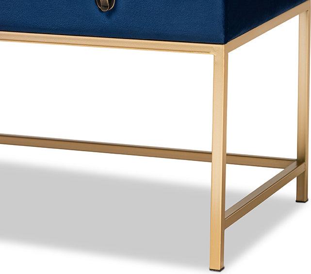 Wholesale Interiors Ottomans & Stools - Aliana Navy Blue Velvet Fabric Upholstered and Gold Finished Metal Large Storage Ottoman