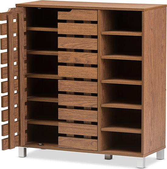 Shirley Contemporary Walnut Medium Brown Wood 2 Door Shoe Cabinet with Open Shelves