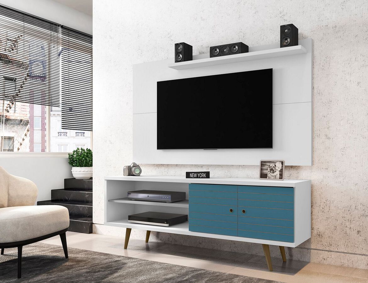 Manhattan Comfort TV & Media Units - Liberty 62.99 Mid-Century Modern TV Stand & Panel with Solid Wood Legs in White & Aqua Blue