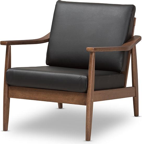Wholesale Interiors Accent Chairs - Venza Mid-Century Modern Walnut Wood Black Faux Leather Lounge Chair