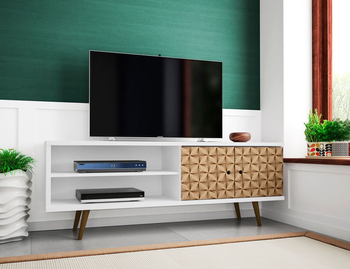 Manhattan Comfort TV & Media Units - Liberty 62.99" Mid-Century - Modern TV Stand with 3 Shelves & 2 Doors in White & 3D Brown Prints