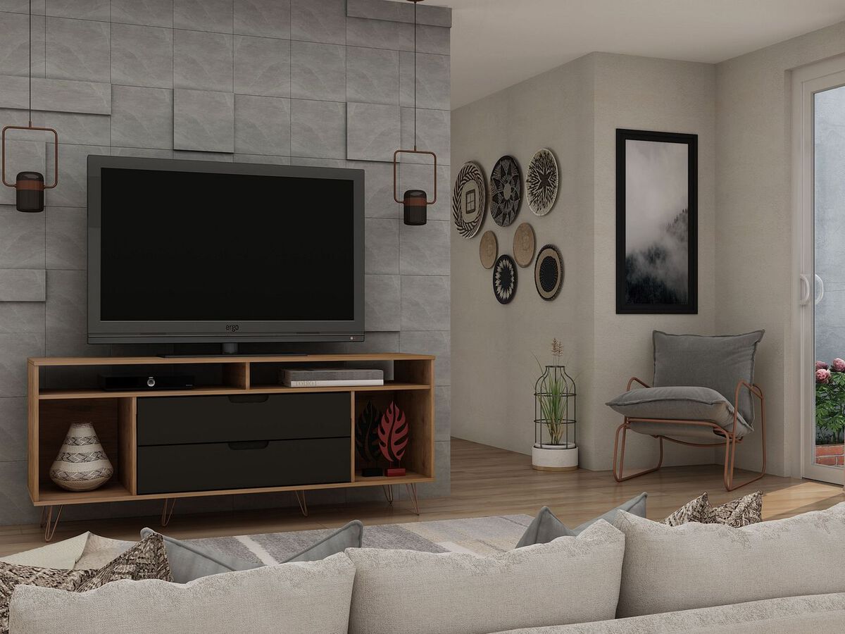 Manhattan Comfort TV & Media Units - Rockefeller 62.99 TV Stand with Metal Legs & 2 Drawers in Nature & Textured Gray