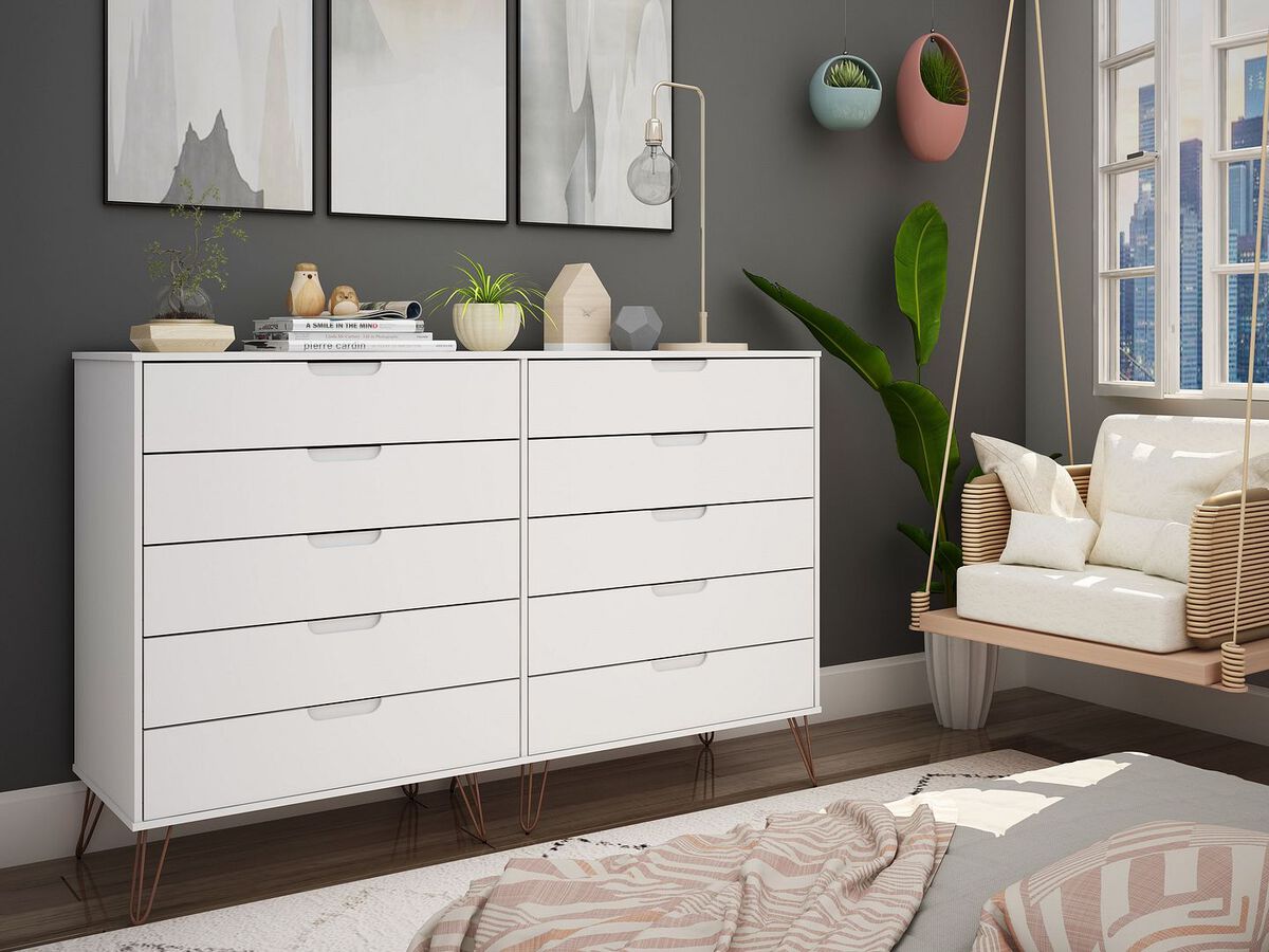 Manhattan Comfort Dressers - Rockefeller 10-Drawer Double Tall Dresser with Metal Legs in White