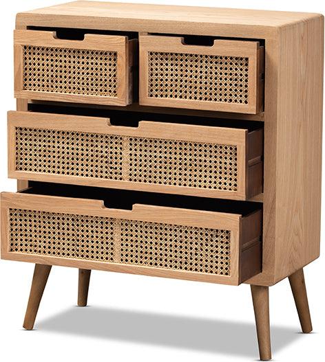 Alina Mid Century Modern Medium Oak Finished Wood and Rattan 4 Drawer