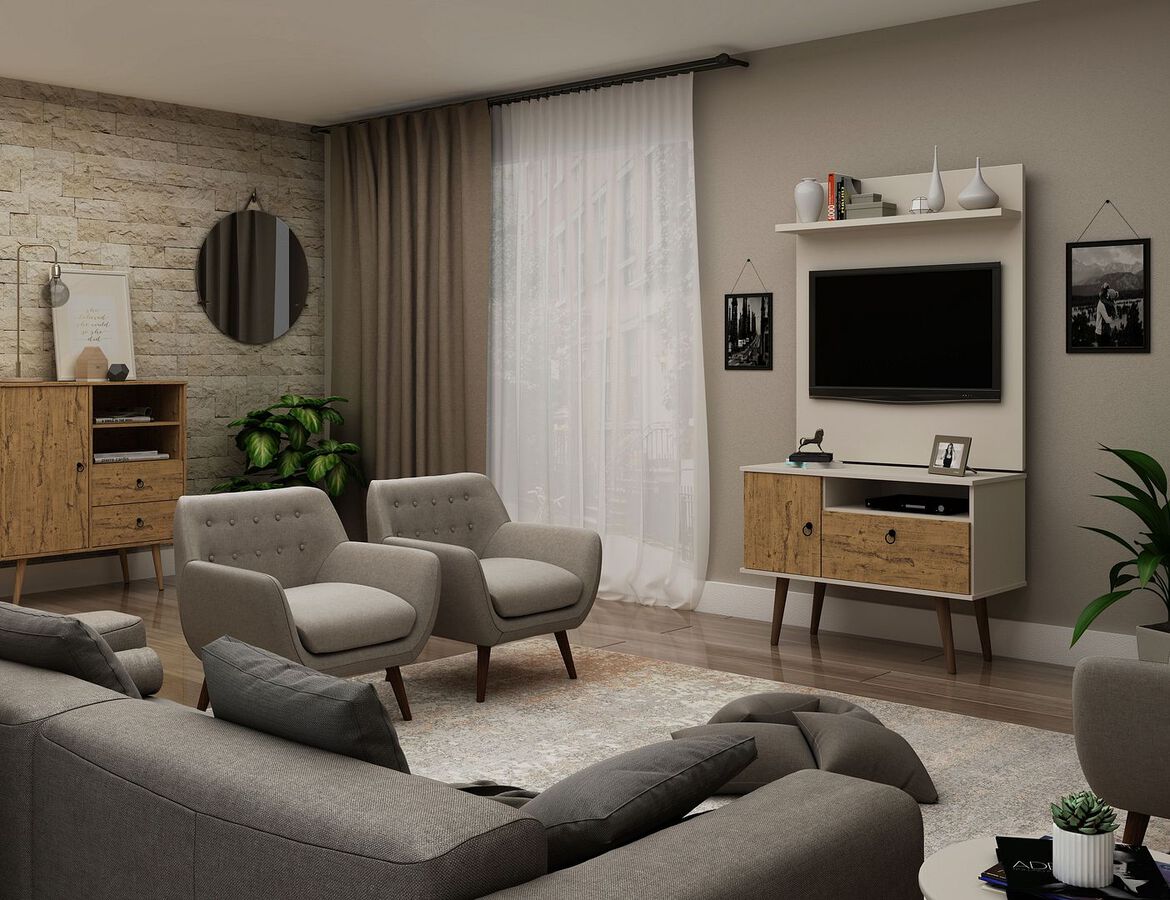 Manhattan Comfort TV & Media Units - Tribeca 35.43 TV Stand & Panel with Media & Display Shelves in Off White & Nature