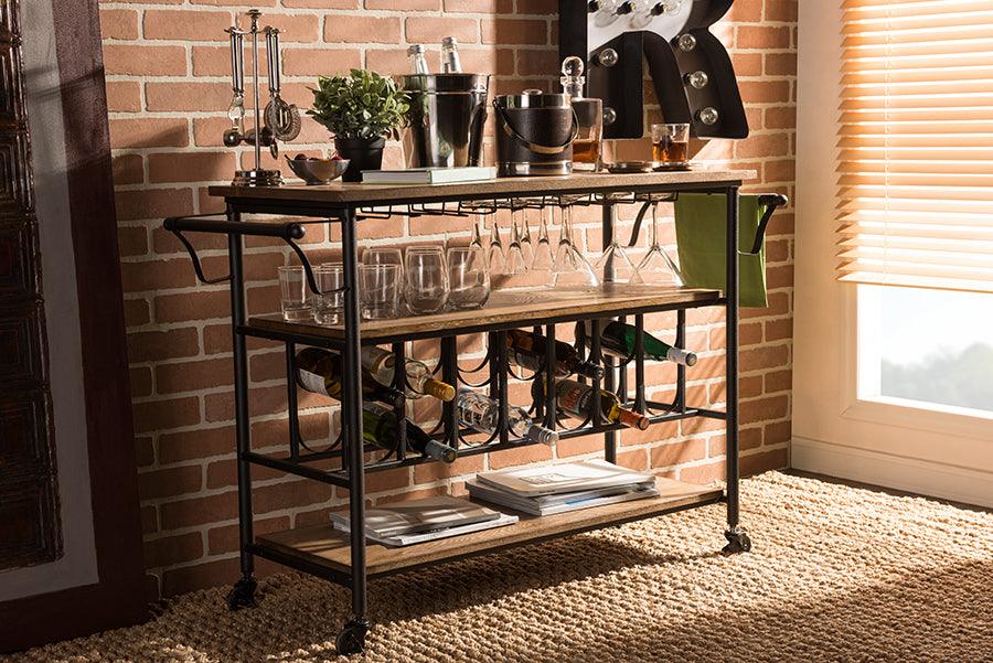 Baxton Studio Jessica Rustic Industrial Style Antique Black Textured Finish  Metal Distressed Ash Wood Mobile Serving Bar Cart