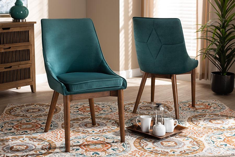 Wholesale Interiors Dining Chairs - Gilmore Contemporary Teal Velvet Brown Finished Wood 2-Piece Dining Chair Set