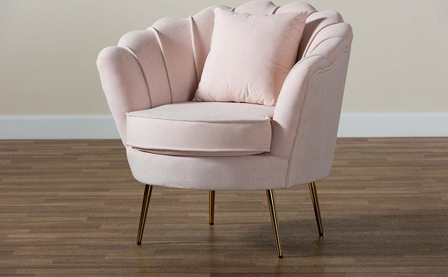 Wholesale Interiors Accent Chairs - Garson Glam and Luxe Blush Pink Velvet Fabric Upholstered and Gold Metal Finished Accent Chair