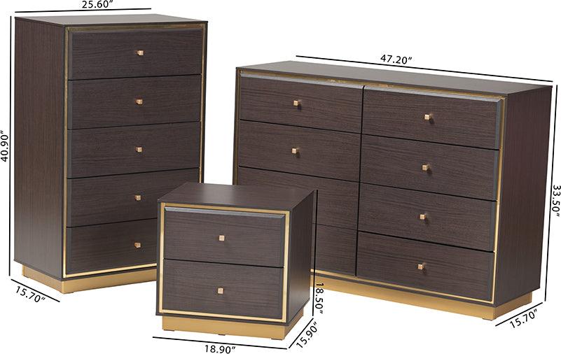 Wholesale Interiors Bedroom Sets - Cormac Dark Brown Finished Wood and Gold Metal 3-Piece Storage Set