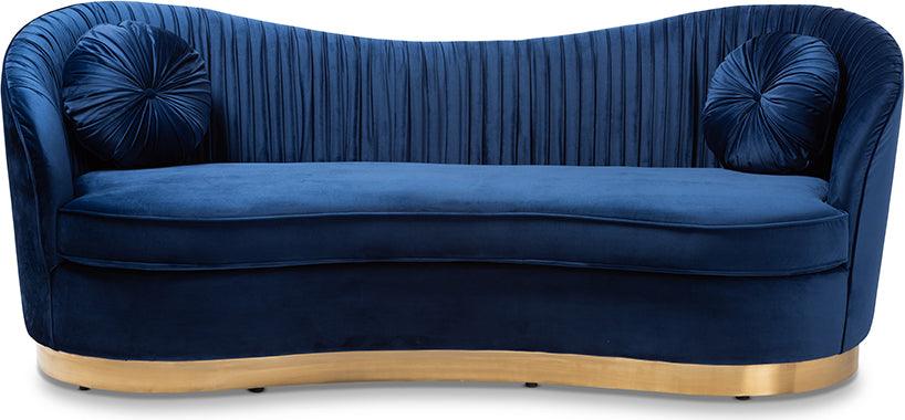 Nevena Glam Royal Blue Velvet Fabric Upholstered Gold Finished Sofa