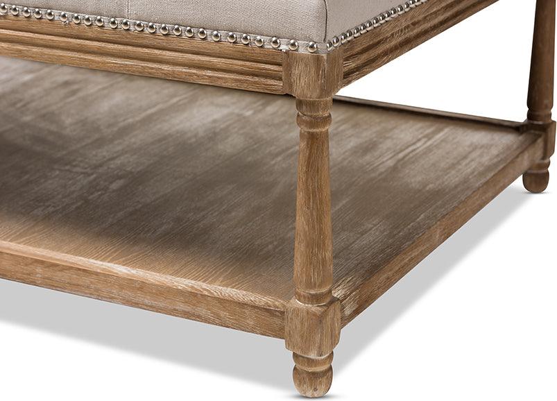 Wholesale Interiors Ottomans & Stools - Carlotta French Country Weathered Oak Beige Linen Rectangular Coffee Table Ottoman