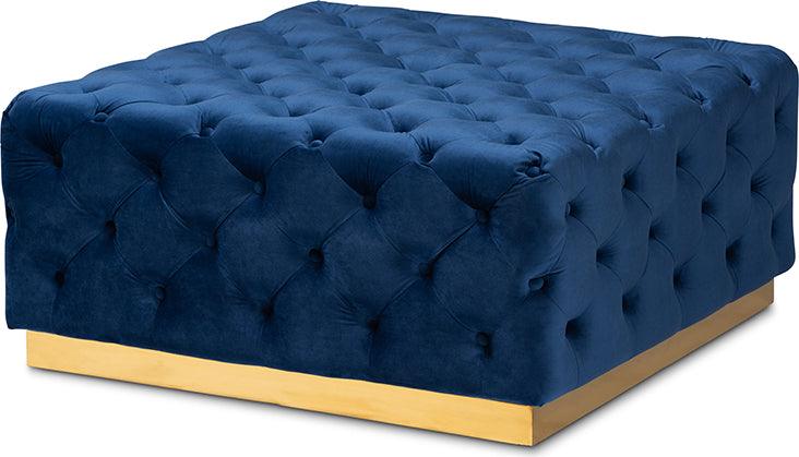 Wholesale Interiors Ottomans & Stools - Verene Glam & Luxe Royal Blue Velvet Gold Finished Square Cocktail Ottoman