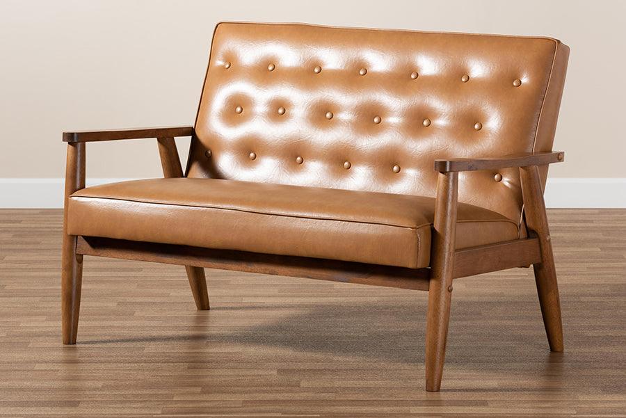 Wholesale Interiors Loveseats - Sorrento Tan Faux Leather Upholstered and Walnut Brown Finished Wood Loveseat