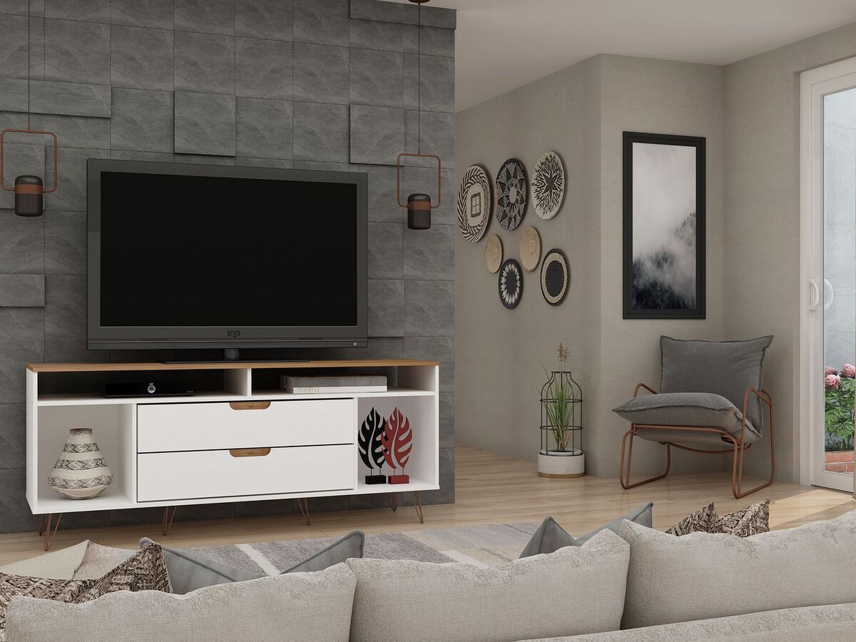 Manhattan Comfort TV & Media Units - Rockefeller 62.99 TV Stand with Metal Legs & 2 Drawers in Off White & Nature