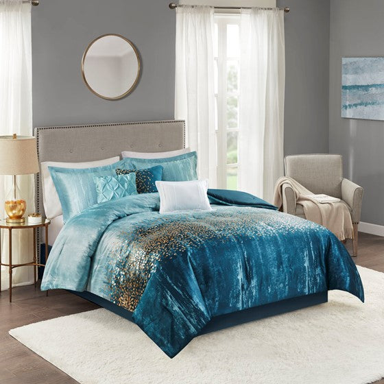 Olliix.com Comforters & Blankets - 7 Piece Metallic Print Comforter Set Navy King