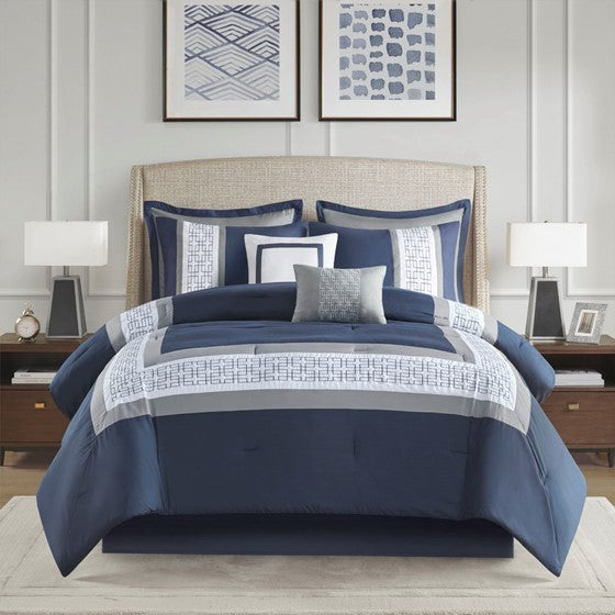 Olliix.com Comforters & Blankets - 8 Piece Embroidered Comforter Set Navy Cal King