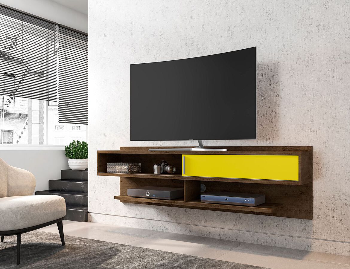 Manhattan Comfort TV & Media Units - Astor 70.86 Modern Floating Entertainment Center 1.0 with Media Shelves in Rustic Brown & Yellow