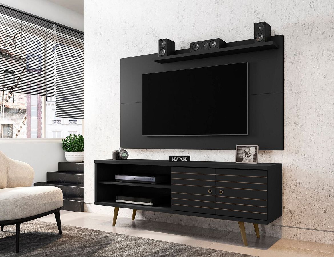 Manhattan Comfort TV & Media Units - Liberty 62.99 Mid-Century Modern TV Stand & Panel with Solid Wood Legs in Black