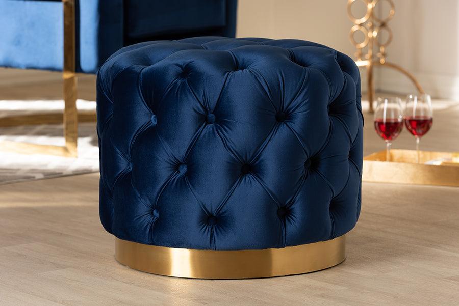 Wholesale Interiors Ottomans & Stools - Valeria Glam Royal Blue Velvet Fabric Upholstered Gold-Finished Button Tufted Ottoman