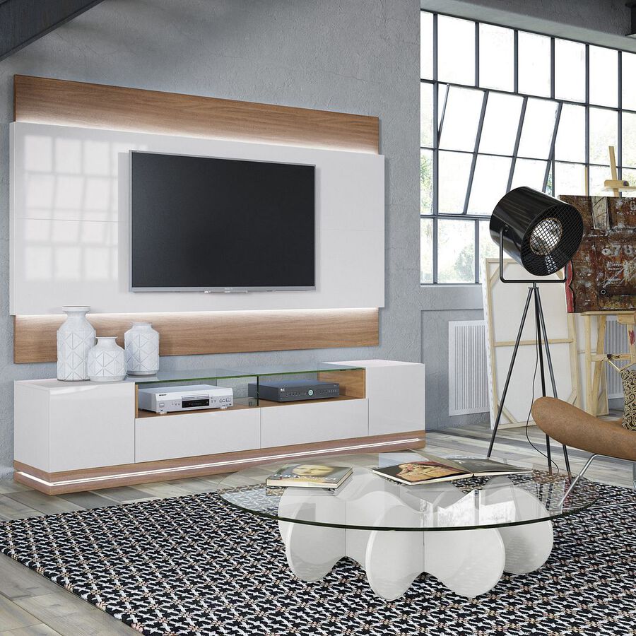 Manhattan Comfort TV & Media Units - Vanderbilt TV Stand with LED Lights in Off White & Maple Cream