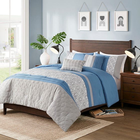 Olliix.com Comforters & Blankets - Embroidered 5 Piece Comforter Set Blue Full/Queen