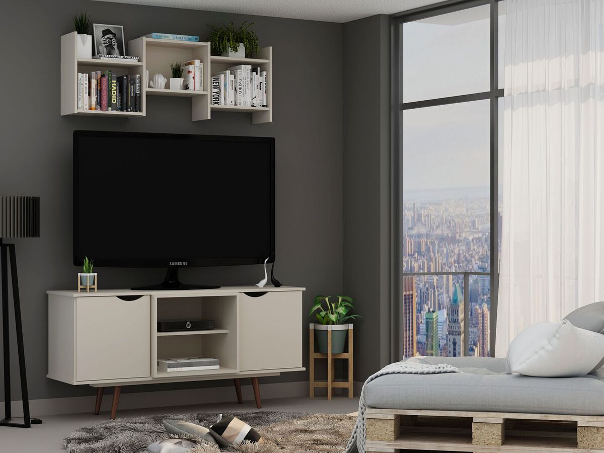 Manhattan Comfort TV & Media Units - Hampton 53.54 TV Stand with 4 Shelves & Solid Wood Legs in Off White