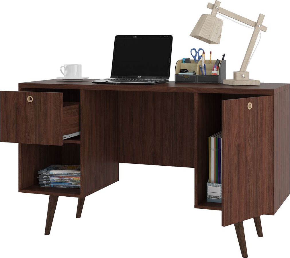 Manhattan Comfort Desks - Edgar 1-Drawer Mid-Century Office Desk in Dark Brown