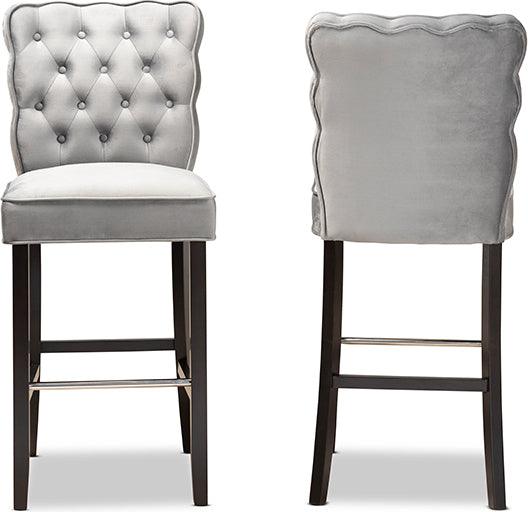 Wholesale Interiors Barstools - Daphne Dark Grey Velvet Fabric Upholstered and Dark Brown Finished Wood 2-Piece Bar Stool Set