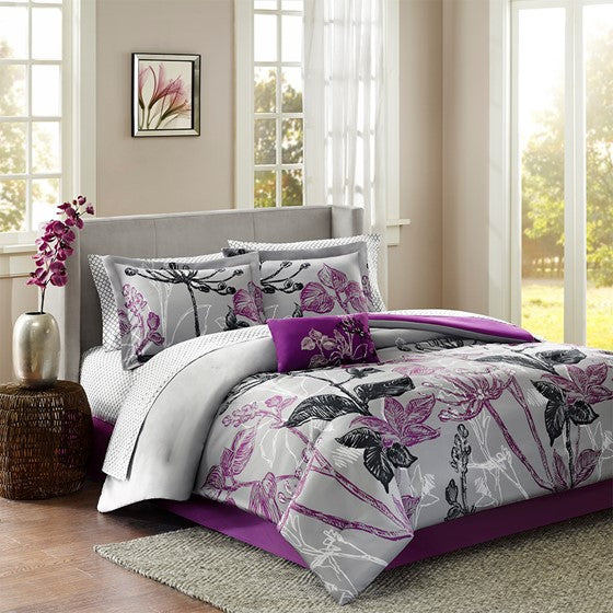 Olliix.com Comforters & Blankets - 7 Piece Comforter Set with Cotton Bed Sheets Purple Twin