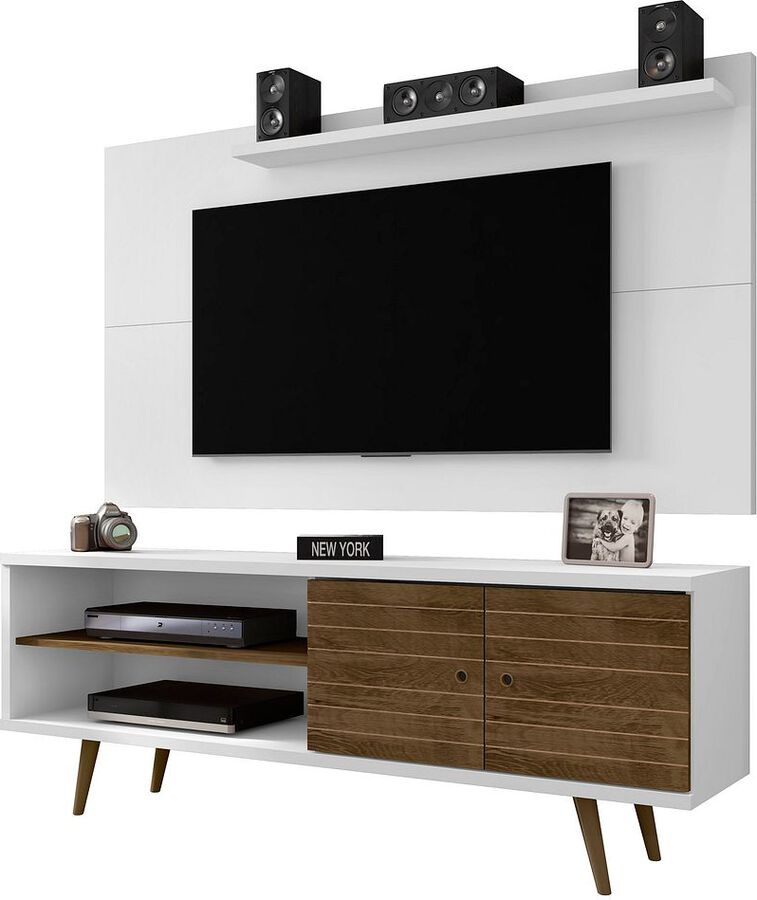 Manhattan Comfort TV & Media Units - Liberty 62.99 Mid-Century Modern TV Stand & Panel with Solid Wood Legs in White & Rustic Brown