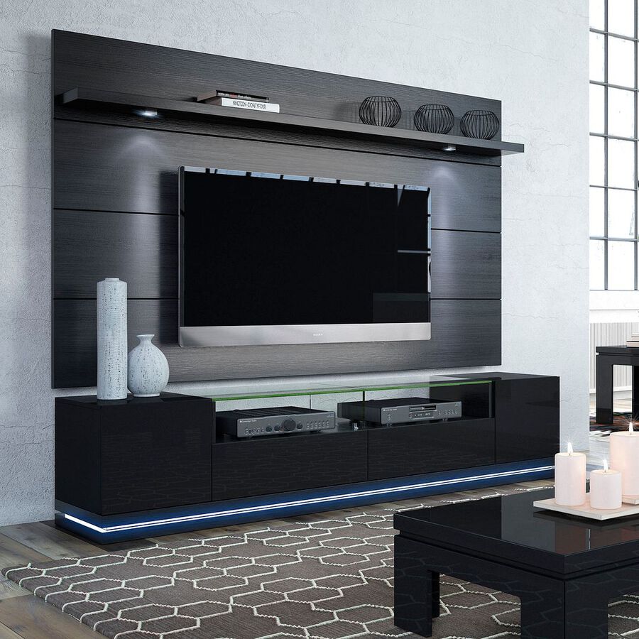 Manhattan Comfort TV & Media Units - Vanderbilt TV Stand and Cabrini 2.2 Floating Wall TV Panel in Black Gloss and Black Matte