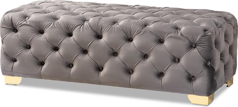 Wholesale Interiors Ottomans & Stools - Avara Glam- Luxe Gray Velvet Fabric Upholstered Gold Finished Bench Ottoman