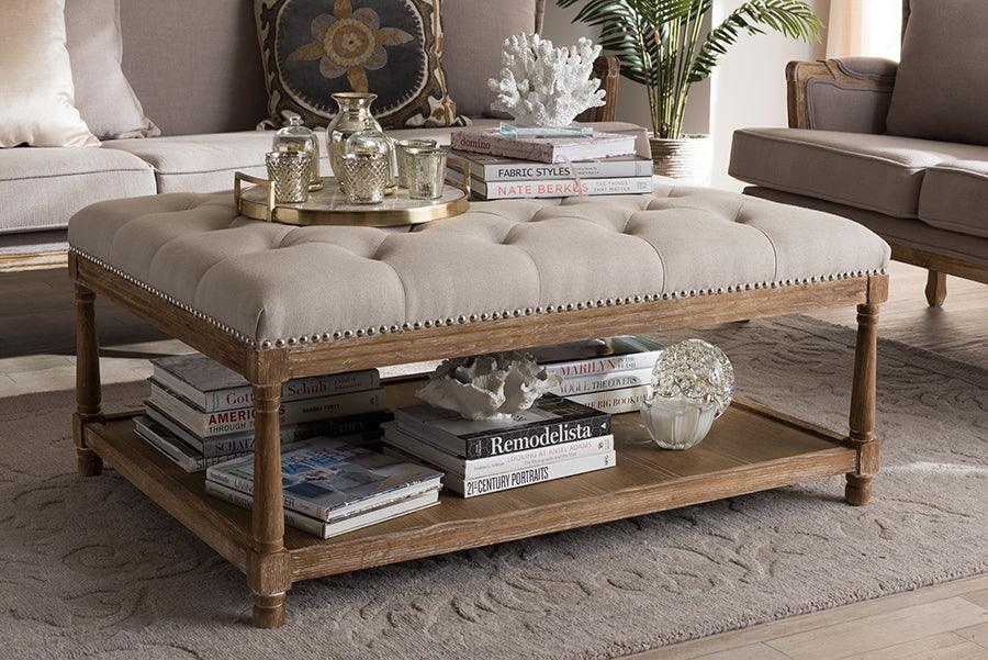 Wholesale Interiors Ottomans & Stools - Carlotta French Country Weathered Oak Beige Linen Rectangular Coffee Table Ottoman