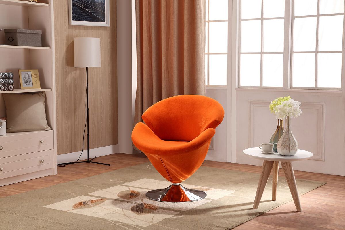 Manhattan Comfort Accent Chairs - Tulip Orange & Polished Chrome Velvet Swivel Accent Chair