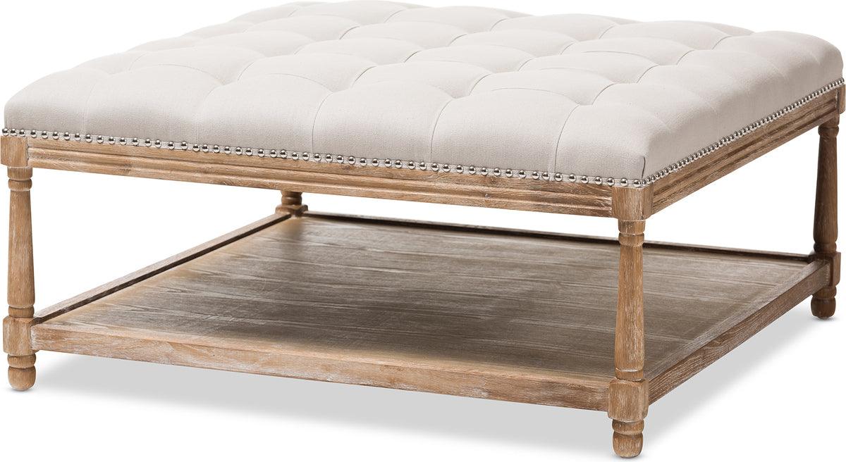 Wholesale Interiors Ottomans & Stools - Carlotta French Country Weathered Oak Beige Linen Square Coffee Table Ottoman