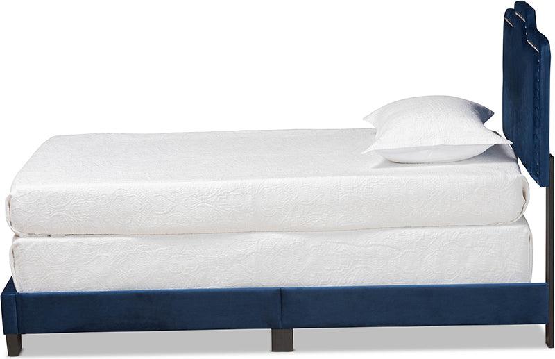 Wholesale Interiors Beds - Benjen Glam Navy Blue Velvet Fabric Upholstered Twin Size Panel Bed