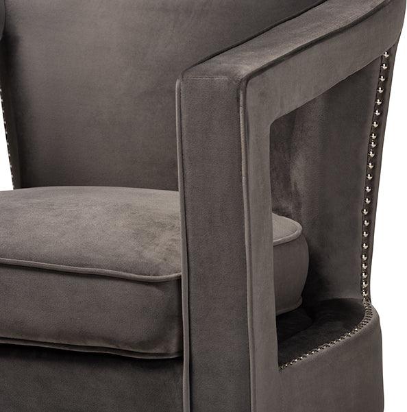 Wholesale Interiors Accent Chairs - Neville Grey Velvet Fabric Upholstered and Gold Finished Metal Armchair