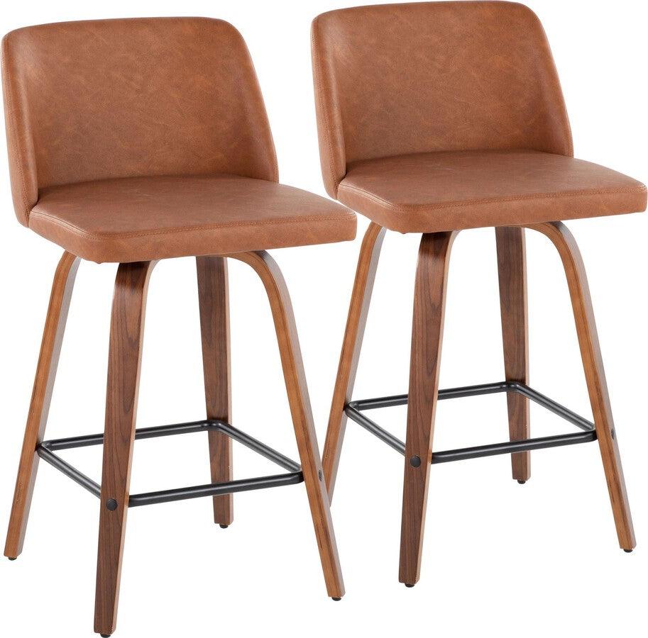 Lumisource Barstools - Toriano 26" Fixed Height Counter Stool With Swivel Walnut Wood & Camel Faux Leather (Set of 2)