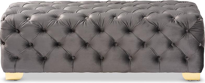 Wholesale Interiors Ottomans & Stools - Avara Glam- Luxe Gray Velvet Fabric Upholstered Gold Finished Bench Ottoman