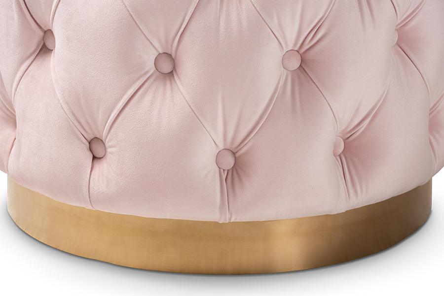 Wholesale Interiors Ottomans & Stools - Valeria Glam Light Pink Velvet Fabric Upholstered Gold-Finished Button Tufted Ottoman