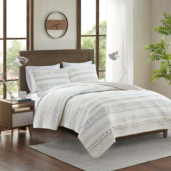 Shop 3 Piece Printed Microfiber Seersucker Quilt Set Taupe/Blue