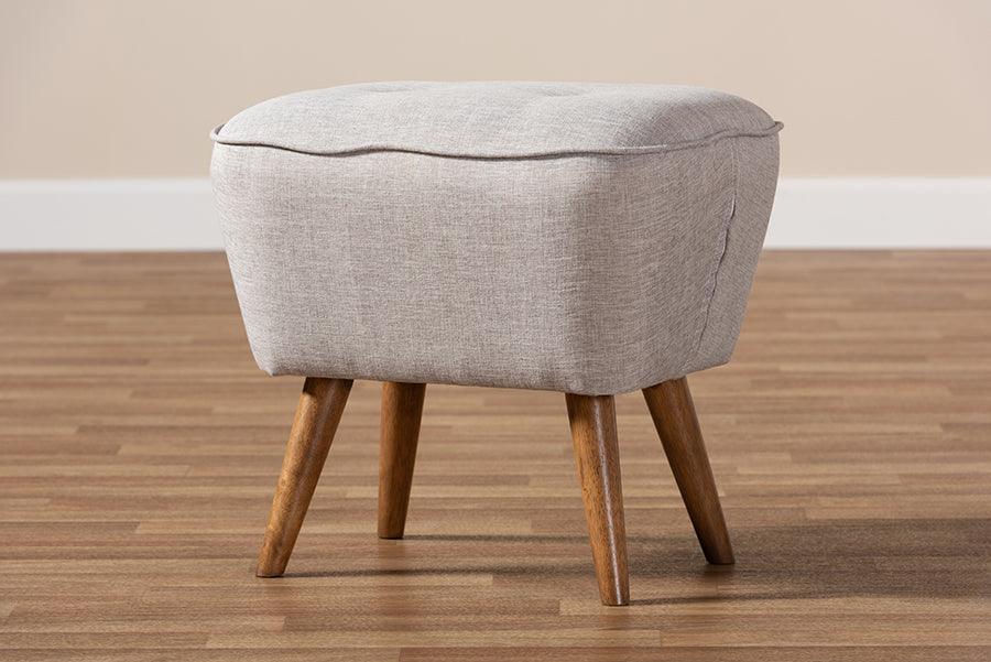 Wholesale Interiors Ottomans & Stools - Petronelle Greyish Beige Walnut Brown Finished Wood Ottoman