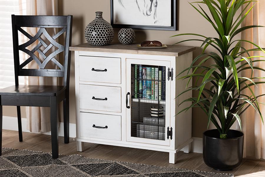 Wholesale Interiors Buffets & Cabinets - Faron Two-Tone Distressed White and Oak Brown Finished Wood 3-Drawer Storage Cabinet