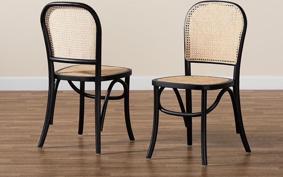 Wholesale Interiors Dining Chairs - Cambree Mid-Century Brown Woven Rattan and Black Wood 2-Piece Cane Dining Chair Set