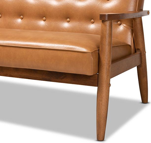 Wholesale Interiors Loveseats - Sorrento Tan Faux Leather Upholstered and Walnut Brown Finished Wood Loveseat