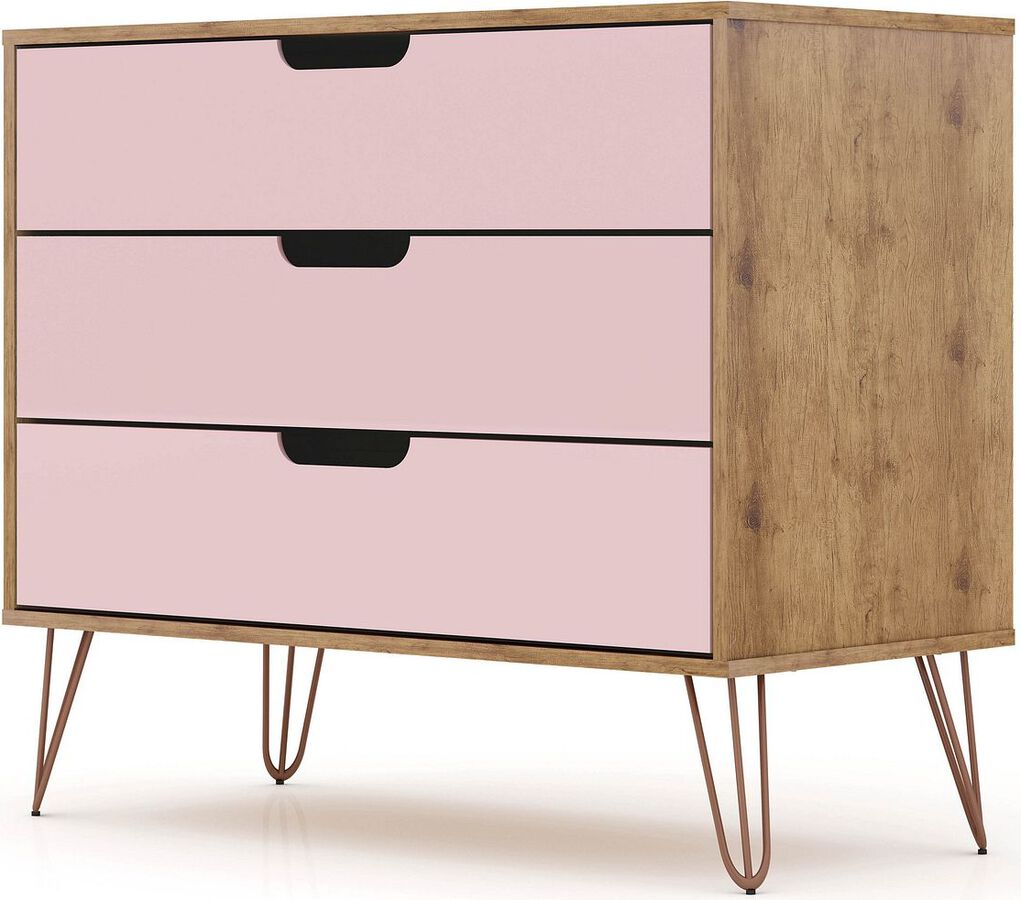 Manhattan Comfort Dressers - Rockefeller Mid-Century- Modern Dresser with 3- Drawers in Nature & Rose Pink