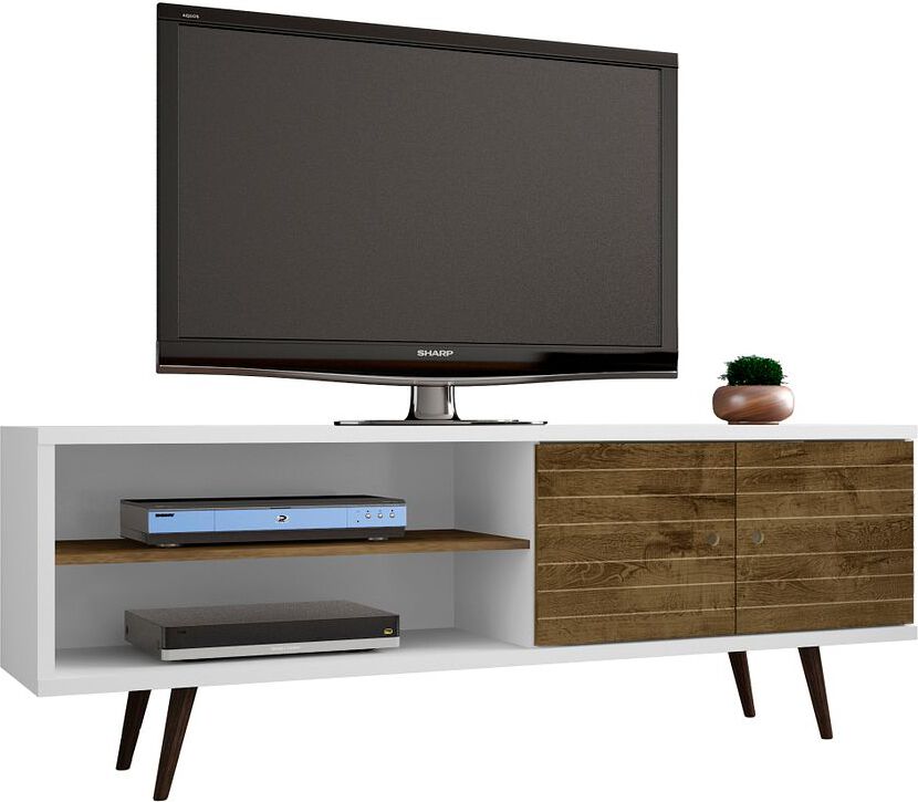 Manhattan Comfort TV & Media Units - Liberty 62.99 Mid-Century Modern TV Stand & Panel with Solid Wood Legs in White & Rustic Brown